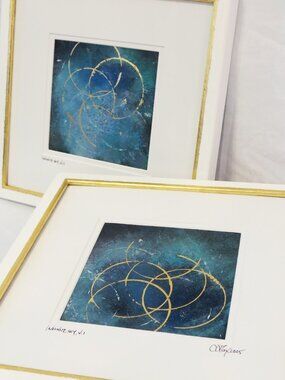 Custom Modern Gold Leaf Framed Abstracts by C. Damien Fox, a Pair. 2025